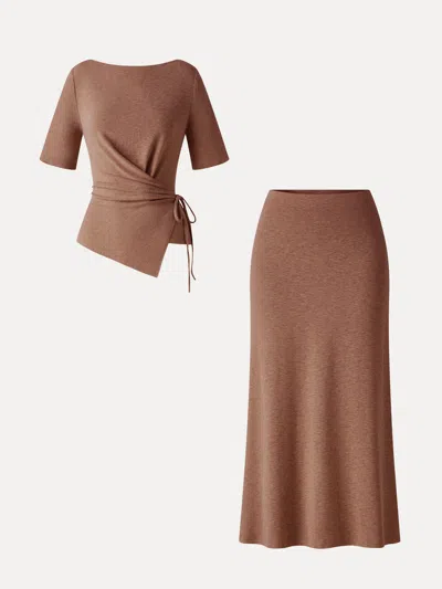 Oglmove 2pcs Set Short Sleeve Tie-side Top & Side-slit A-line Midi Skirt In Rust Burn Orange