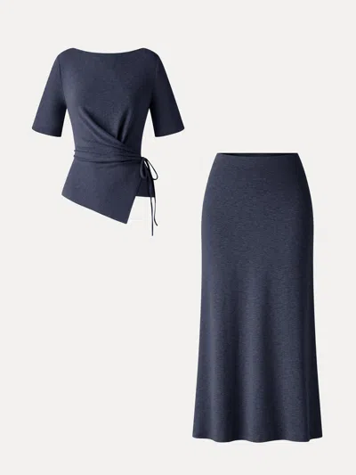 Oglmove 2pcs Set Short Sleeve Tie-side Top & Side-slit A-line Midi Skirt In Smoky Navy