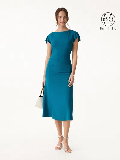 Oglmove 2pcs Set Skinkiss Cowl Back Flutter Sleeve Bra Top & Pull-on Midi Skirt In Blue