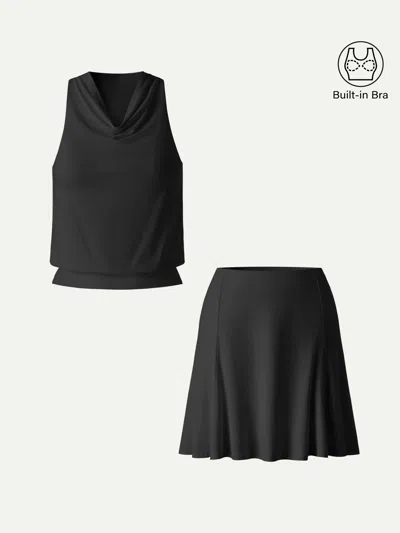 Oglmove 2pcs Set Skinkiss Halter Cowl Neck Bra Top & Circle Flared Mini Skirt In Black