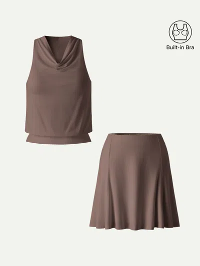 Oglmove 2pcs Set Skinkiss Halter Cowl Neck Bra Top & Circle Flared Mini Skirt In Brown