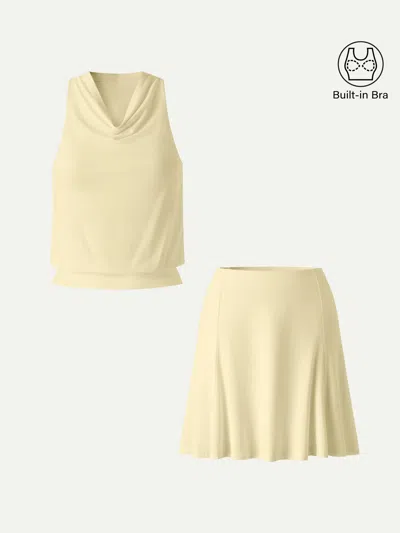 Oglmove 2pcs Set Skinkiss Halter Cowl Neck Bra Top & Circle Flared Mini Skirt In Neutral
