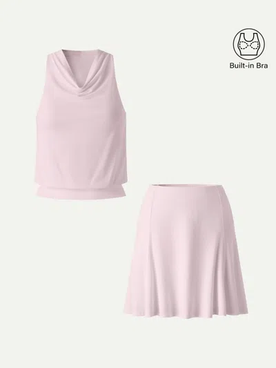 Oglmove 2pcs Set Skinkiss Halter Cowl Neck Bra Top & Circle Flared Mini Skirt In Pink