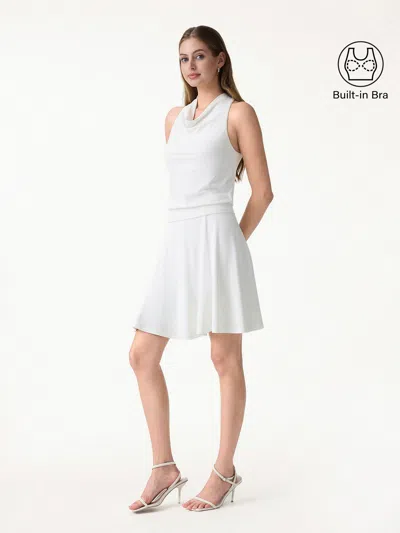 Oglmove 2pcs Set Skinkiss Halter Cowl Neck Bra Top & Circle Flared Mini Skirt In White