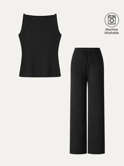 Oglmove 2pcs Set Sleeveless Cable-knit Sweater Tank & Drawstring Wide-leg Knit Pants In Animal Print