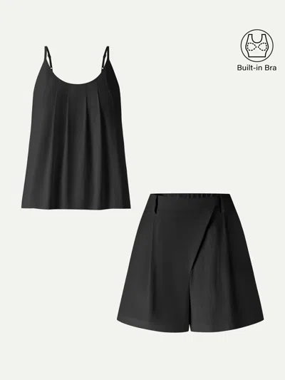 Oglmove 2pcs Set Spaghetti Bra Tank & A-line Shorts In Black