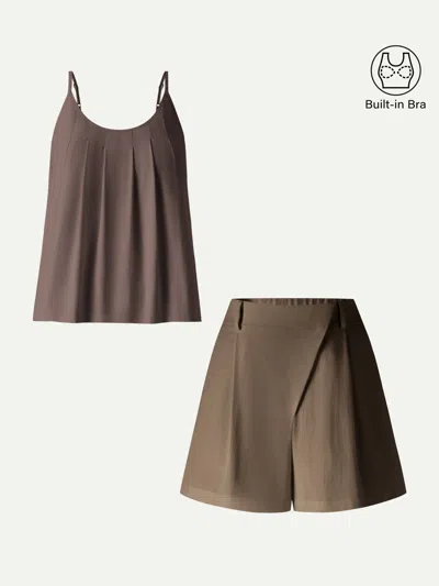 Oglmove 2pcs Set Spaghetti Bra Tank & A-line Shorts In Brown