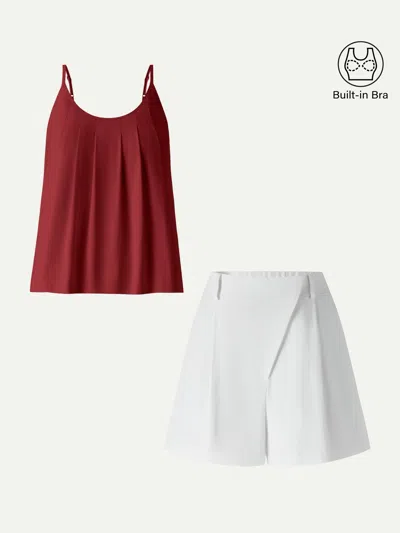 Oglmove 2pcs Set Spaghetti Bra Tank & A-line Shorts In White