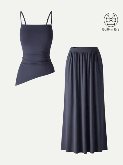 Oglmove 2pcs Set Spaghetti Bra Top With Side Slit & A-line Maxi Skirt With Pockets In Blue