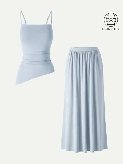 Oglmove 2pcs Set Spaghetti Bra Top With Side Slit & A-line Maxi Skirt With Pockets In Blue