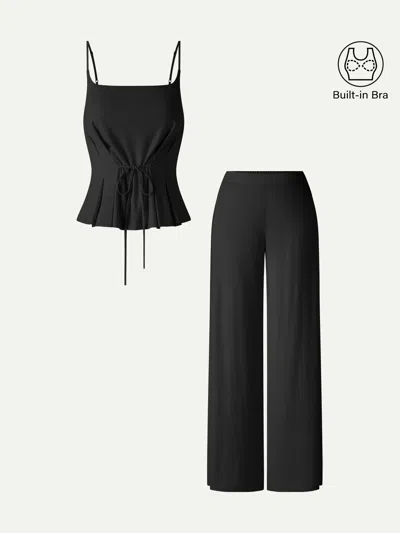 Oglmove 2pcs Set Spaghetti Brami & Wide Leg Pants With Pockets In Black