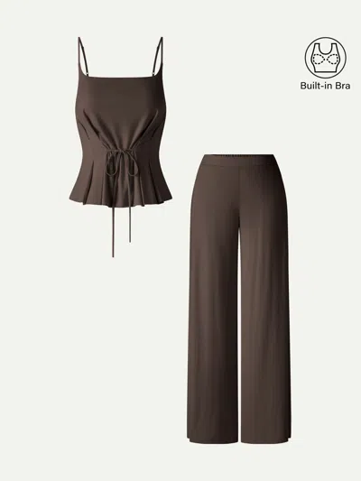 Oglmove 2pcs Set Spaghetti Brami & Wide Leg Pants With Pockets In Brown
