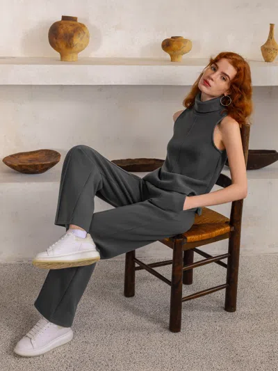 Oglmove 2pcs Set Split Hem Top & High Waisted Straight Leg Pant In Deep Grey