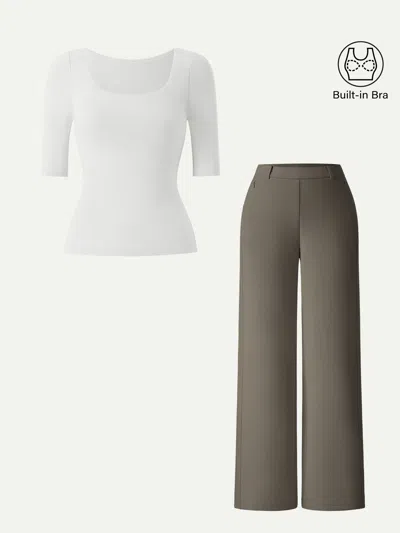 Oglmove 2pcs Set Square Neck Bra Top & High Rise Wide Leg Pants