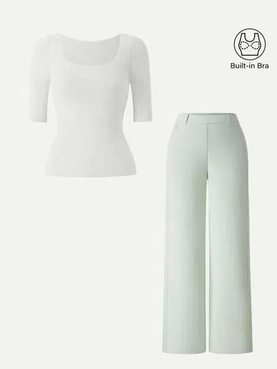 Oglmove 2pcs Set Square Neck Bra Top & High Rise Wide Leg Pants