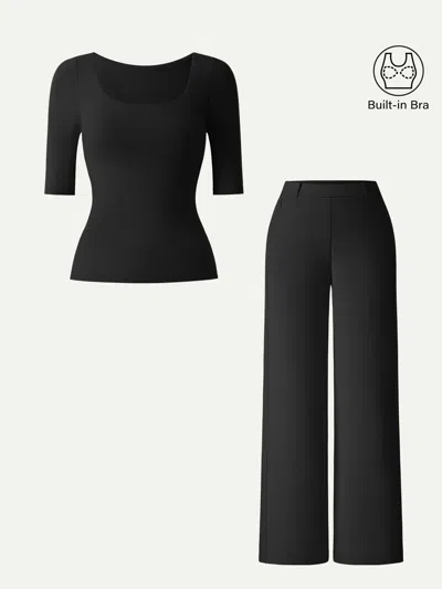 Oglmove 2pcs Set Square Neck Bra Top & High Rise Wide Leg Pants In Black