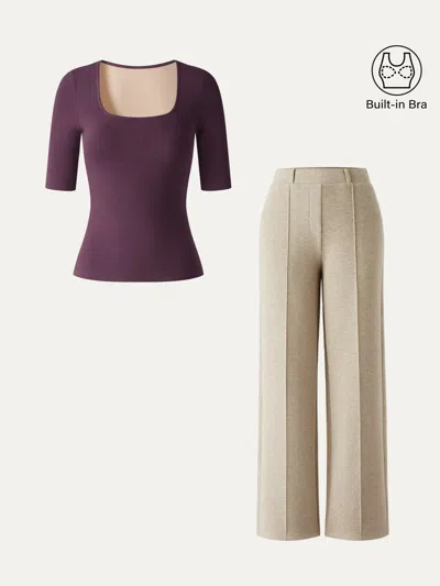 Oglmove 2pcs Set Square Neck Bra Top & High Waisted Straigh Leg Pant In Deep Fig/heather Morganite