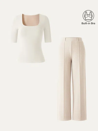 Oglmove 2pcs Set Square Neck Bra Top & High Waisted Straigh Leg Pant In Milk Cream Beige/heather Beige