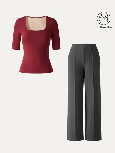 Oglmove 2pcs Set Square Neck Bra Top & High Waisted Straigh Leg Pant In Retro Red/deep Grey