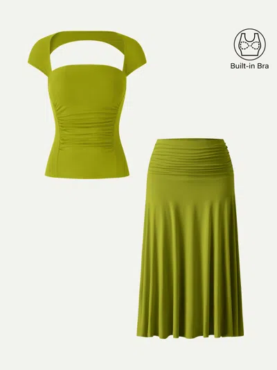 Oglmove 2pcs Set Square Neck Cutout Back Bra Top & A-line Midi Skirt