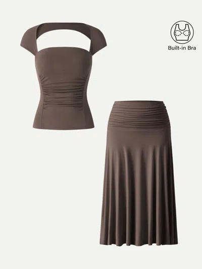 Oglmove 2pcs Set Square Neck Cutout Back Bra Top & A-line Midi Skirt