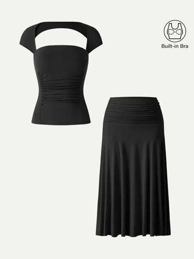 Oglmove 2pcs Set Square Neck Cutout Back Bra Top & A-line Midi Skirt In Black