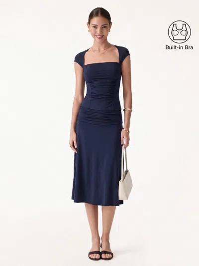 Oglmove 2pcs Set Square Neck Cutout Back Bra Top & A-line Midi Skirt In Blue