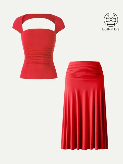 Oglmove 2pcs Set Square Neck Cutout Back Bra Top & A-line Midi Skirt In Red