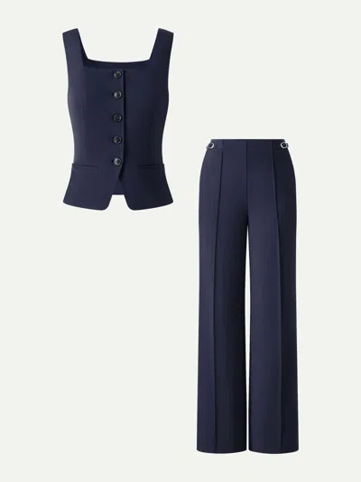 Oglmove 2pcs Set Square Neck Waistcoat With Pockets & Wide Leg Ankled Pants In Multi