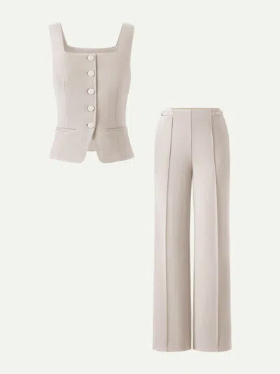 Oglmove 2pcs Set Square Neck Waistcoat With Pockets & Wide Leg Ankled Pants In White