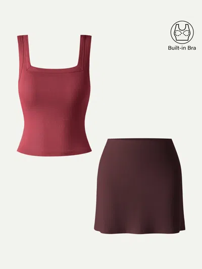 Oglmove 2pcs Set Square Open-back Bra Tank & A-line Mini Skirt With Built-in Shorts