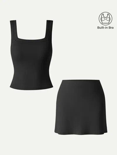 Oglmove 2pcs Set Square Open-back Bra Tank & A-line Mini Skirt With Built-in Shorts In Black