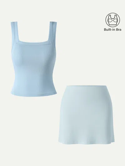 Oglmove 2pcs Set Square Open-back Bra Tank & A-line Mini Skirt With Built-in Shorts In Blue