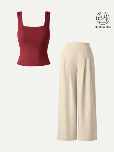 Oglmove 2pcs Set Square Open-back Bra Tank & Mid Rise Wide Leg Trouser With Pockets