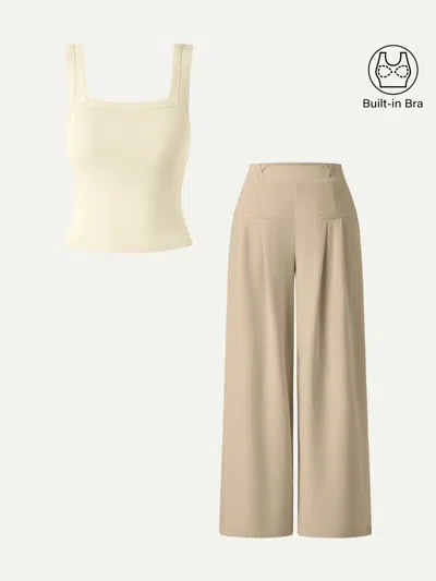 Oglmove 2pcs Set Square Open-back Bra Tank & Mid Rise Wide Leg Trouser With Pockets