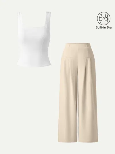 Oglmove 2pcs Set Square Open-back Bra Tank & Mid Rise Wide Leg Trouser With Pockets In Multi