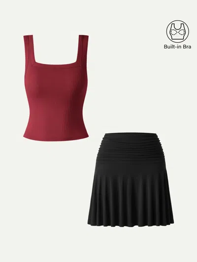 Oglmove 2pcs Set Square Open-back Bra Tank & Mini Circle Skirt With Lined Shorts