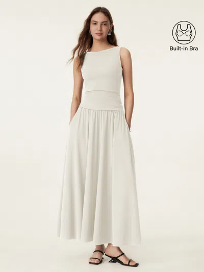 Oglmove 2pcs Set Stretch Cotton Boatneck Bra Tank & Maxi Umbrella Skirt With Pockets