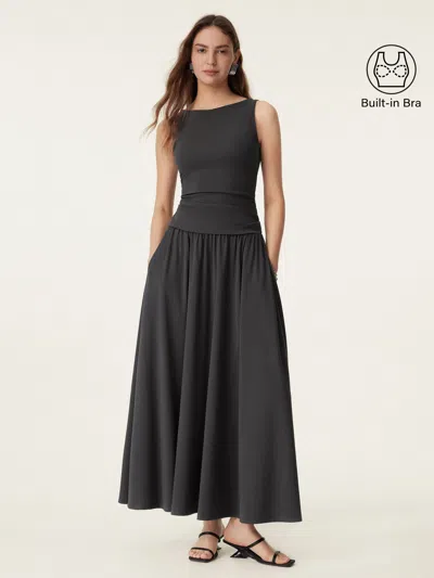 Oglmove 2pcs Set Stretch Cotton Boatneck Bra Tank & Maxi Umbrella Skirt With Pockets In Gray