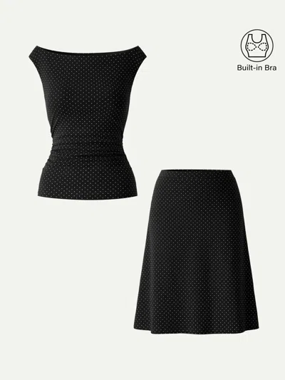 Oglmove 2pcs Set Stretch Cotton Polka Dot Boatneck Ruched Bra Top & A-line Flare Skirt In Black