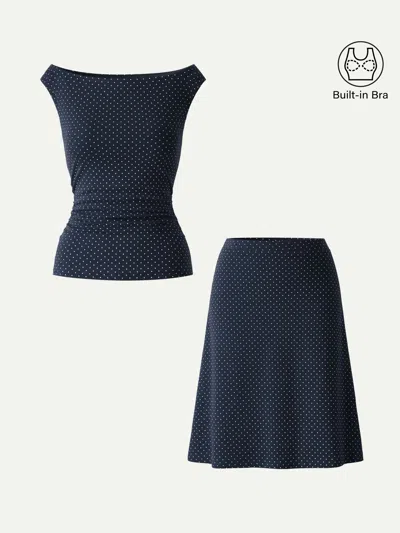 Oglmove 2pcs Set Stretch Cotton Polka Dot Boatneck Ruched Bra Top & A-line Flare Skirt In Blue
