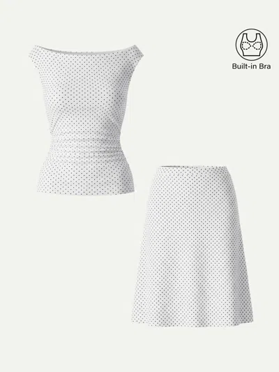 Oglmove 2pcs Set Stretch Cotton Polka Dot Boatneck Ruched Bra Top & A-line Flare Skirt In White