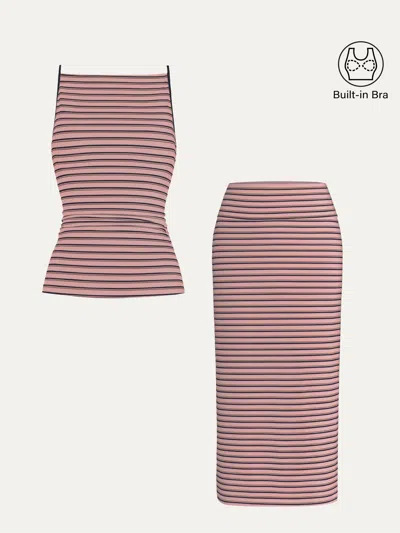 Oglmove 2pcs Set Striped Spaghetti Bra Top & Low Rise Striped Midi Skirt