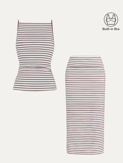 Oglmove 2pcs Set Striped Spaghetti Bra Top & Low Rise Striped Midi Skirt