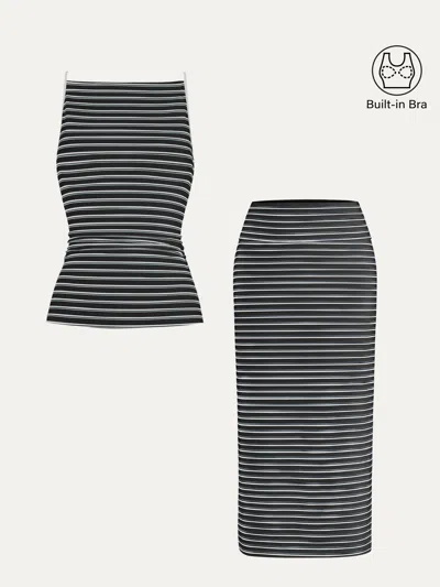 Oglmove 2pcs Set Striped Spaghetti Bra Top & Low Rise Striped Midi Skirt In Multi