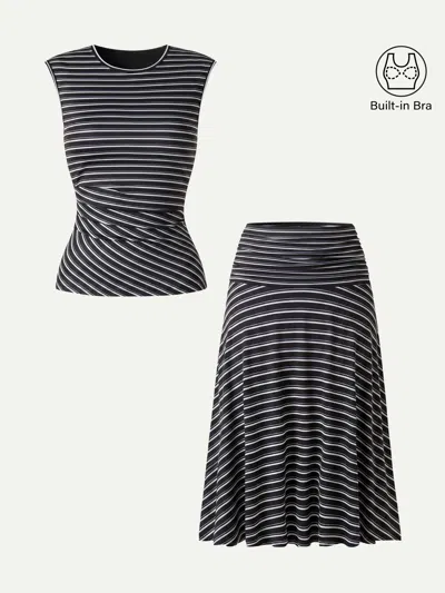 Oglmove 2pcs Set Striped Tucked Sleeveless Bra Top & Circle Flare Ruched Midi Skirt In Black