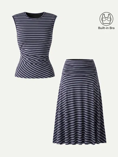 Oglmove 2pcs Set Striped Tucked Sleeveless Bra Top & Circle Flare Ruched Midi Skirt In Blue