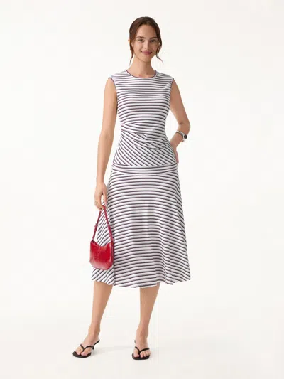 Oglmove 2pcs Set Striped Tucked Sleeveless Bra Top & Circle Flare Ruched Midi Skirt In White