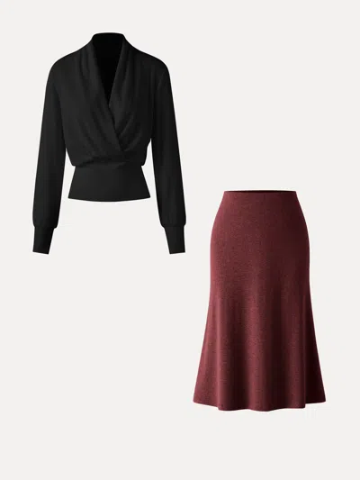 Oglmove 2pcs Set Surplice Banded Hem Top & Soft Pull-on Midi Skirt In Black/ancora