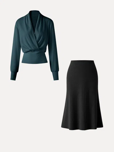 Oglmove 2pcs Set Surplice Banded Hem Top & Soft Pull-on Midi Skirt In Forest Night/black